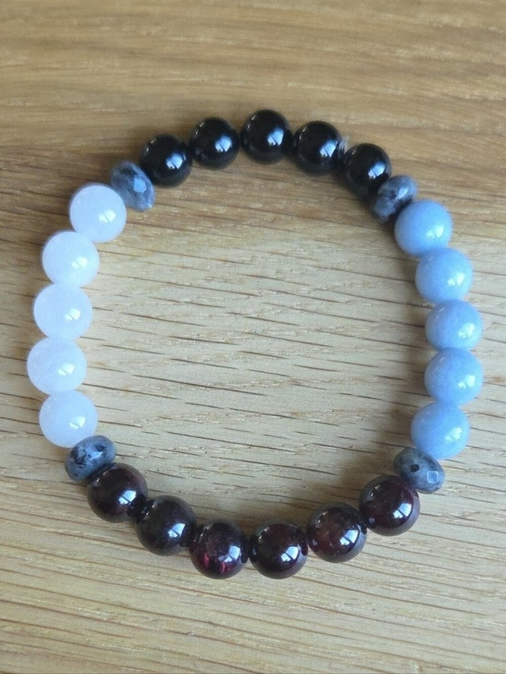 Black Onyx, Garnet, Blue Angelite & White Jade Bead Stretch Bracelet | Handmade